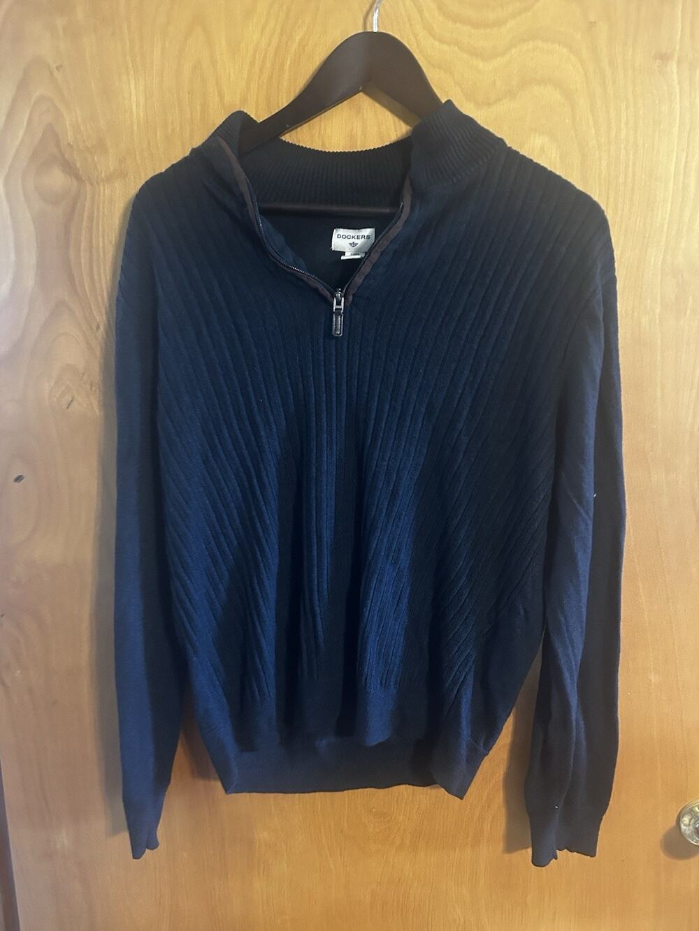 Dockers Mens Large Navy Blue Full Zip Ribbed Mock Neck Sweater Cotton Blend